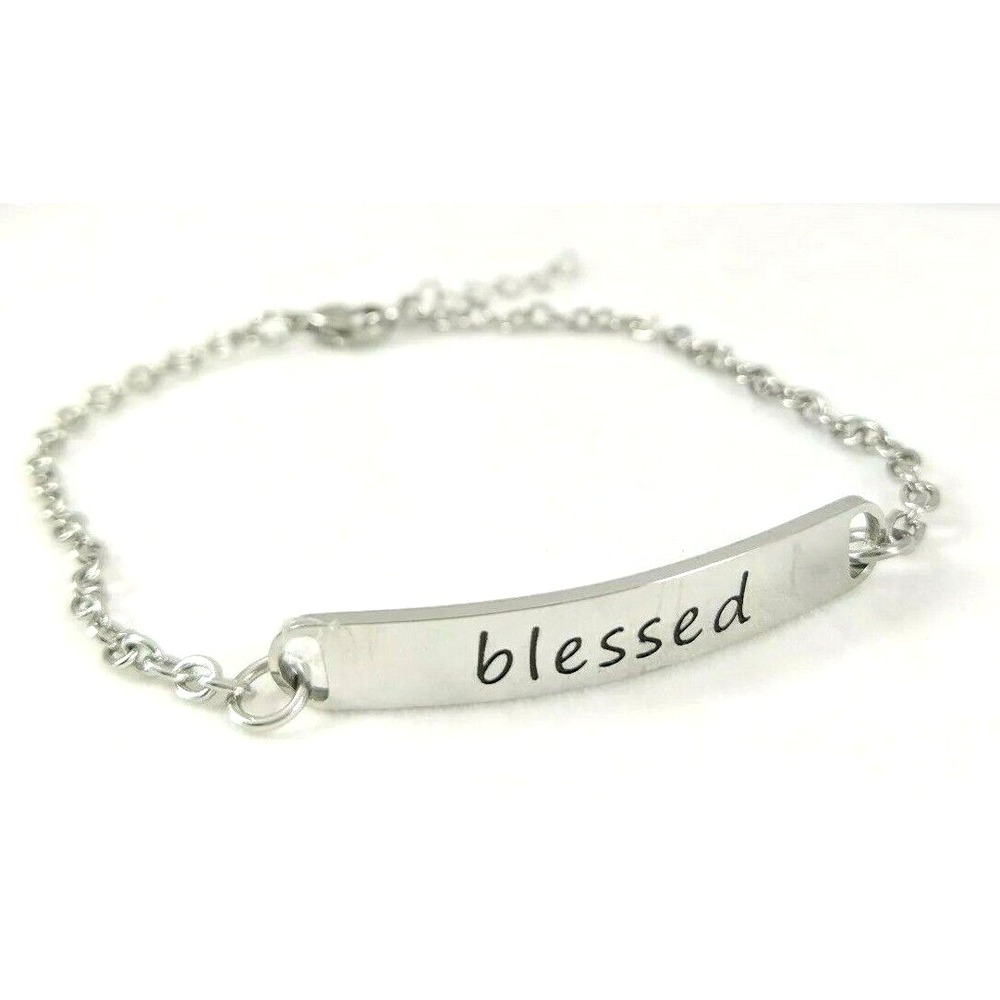 Silver Hand Stamped "Blessed"‎ Bar Bracelet Inspirational Adjustable Chain NEW